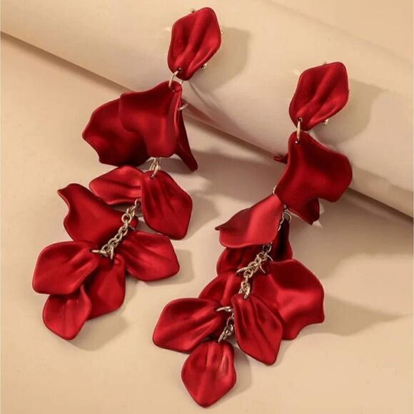 Red Rose Petal Long Earrings - Picture 9 of 15